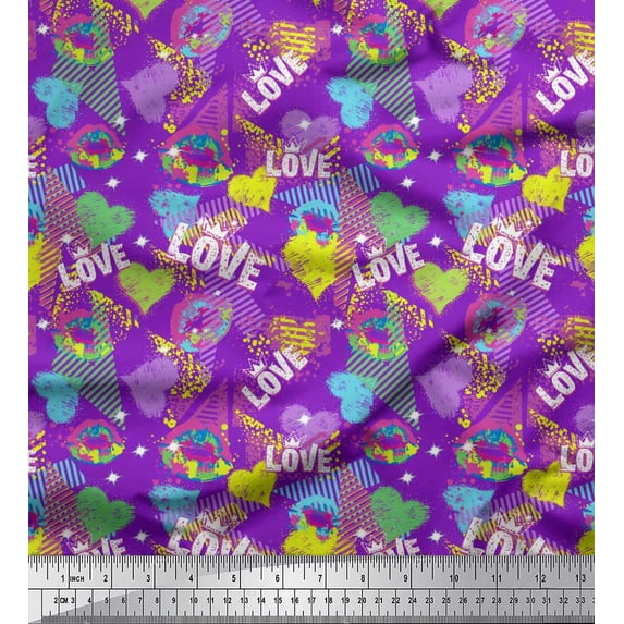 Soimoi Purple Cotton Jersey Fabric Text,Lips & Heart Print Fabric by the Yard 58 Inch Wide