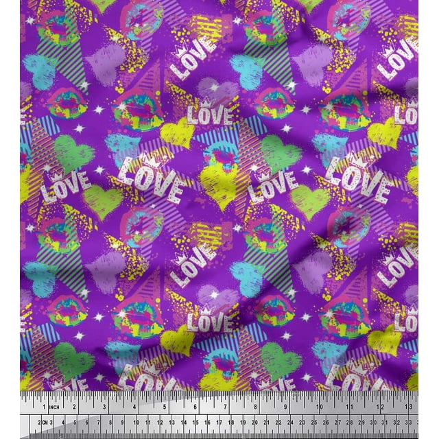 Soimoi Purple Cotton Duck Fabric Text,Lips & Heart Print Sewing Fabric Yard 42 Inch Wide