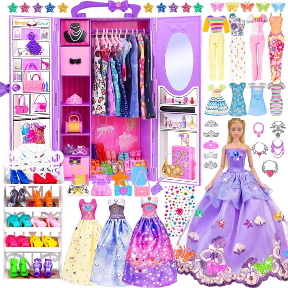 Poupée et Accessoires Poupée avec Garde-Robe Incluant une Poupée Fille de 11,5 Pouces, 9 Looks, Support Robe Chaussures Cintres Collier et Autres Accessoires