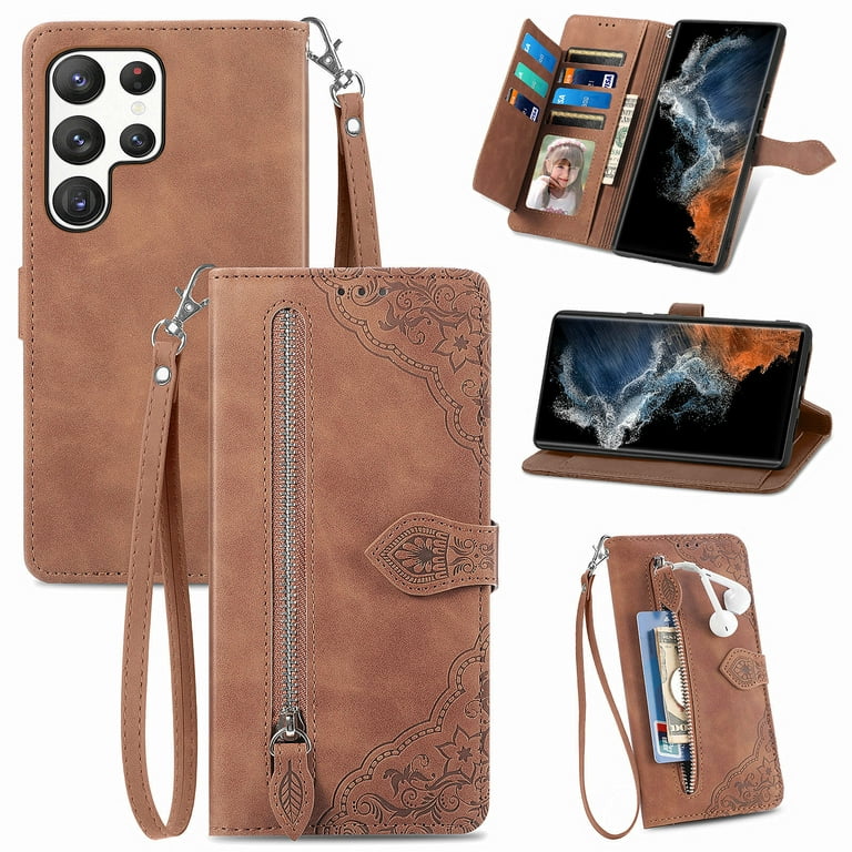 Tech Circle Wallet Case for Samsung Galaxy S23 Ultra,Double Magnetic Clasp Zipper Purse PU Leather Wallet Case with Credit Card Slot Holder Wrist