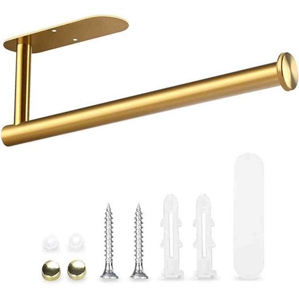 Soporte para toallas de papel autoadhesivo para debajo del gabinete, montado en la pared para cocina y baño, acero inoxidable (dorado)