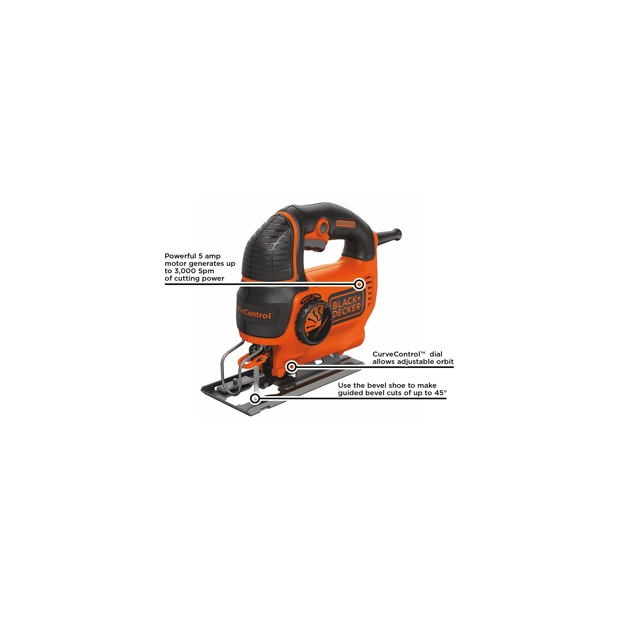 BLACK+DECKER Jig Saw, 5-Amp, 3,000 Blade Speed, 45 Degree Beveled Cuts,  ¾-Inch Orbital Blade, 4 Curve Settings, Corded (BDEJS600C) 