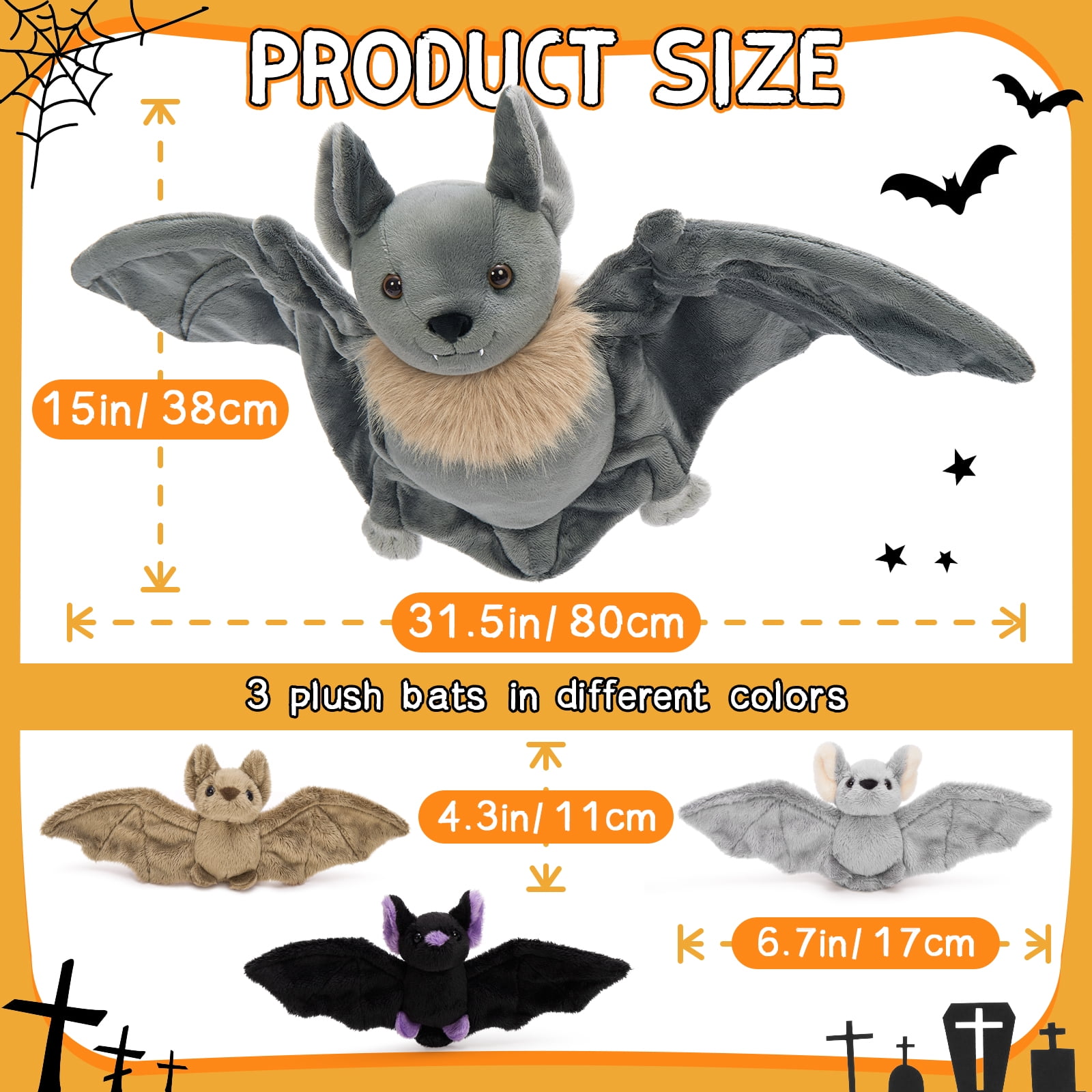 MorisMos 4Pcs Realistic Goth Bat Stuffed Animals Set, Large Mommy Stuffed Bat with 3 Cute Babies Plush Toys