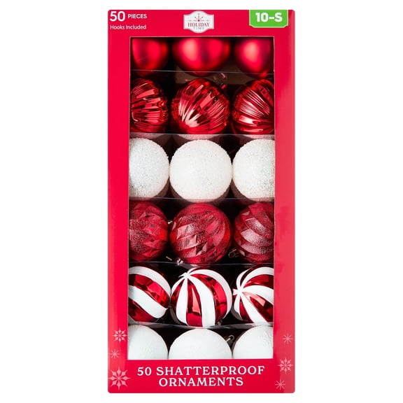 50-Count Red and White Ball Shatterproof Christmas Ornaments, 3", by Holiday Time