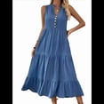 thumbnail image 1 of Vestido Camisero Sin Mangas de Verano 2025 para Mujer, Cuello en V, Informal, Midi, Azul, Talla XL, 1 of 10