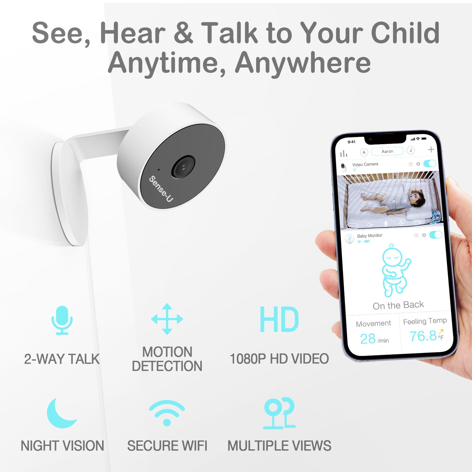 Sense-U HD Video Baby Monitor with 1080P HD WiFi Camera and Background Audio, Night Vision, 2-Way Talk, Motion Detection & No Monthly Fee (Compatible Smart Baby Monitor) - image 2 of 7