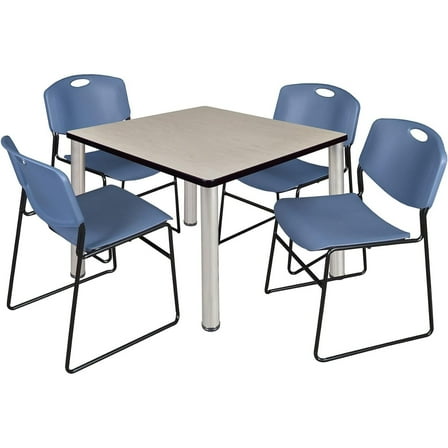 Homestock Coastal Cool 36" Square Lounge Table Maple/ Chrome With 4 Nesting Chairs, Blue - Ergonomic Breakroom Furniture Set For Staff Break Room, Tables & Chair, Breakroom Set