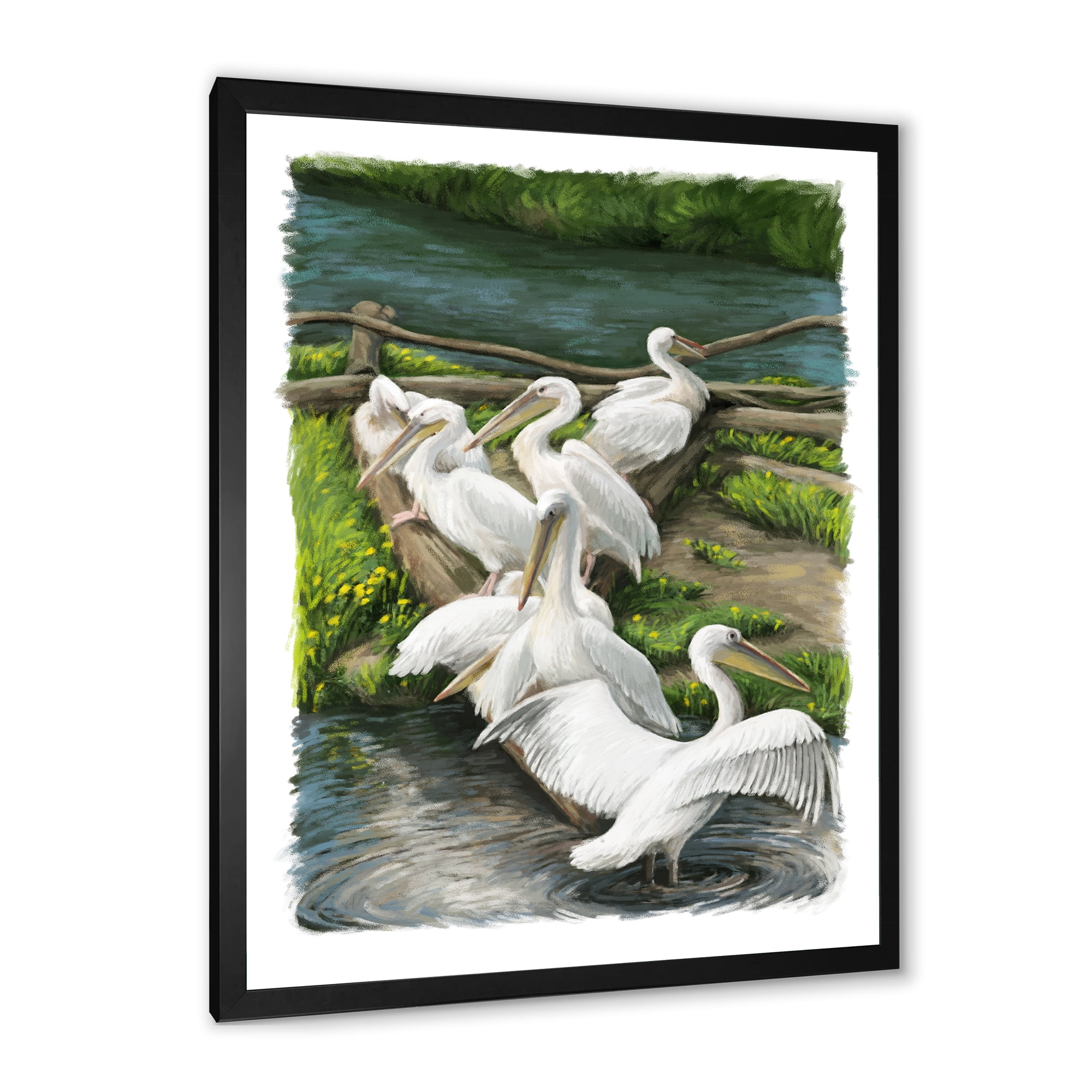 Designart 'Pelicans Resting Near The river Water' Traditional Framed Art Print