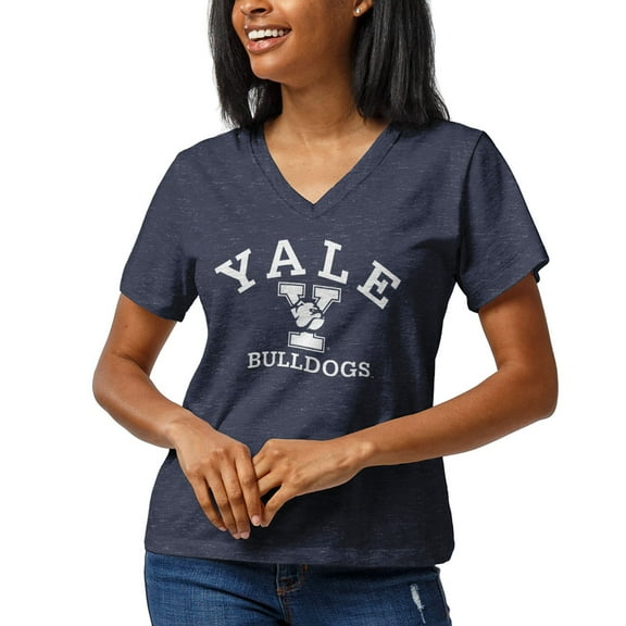 Women's League Collegiate Wear Heathered Navy Yale Bulldogs Wordmark Intramural Boyfriend V-Neck T-Shirt