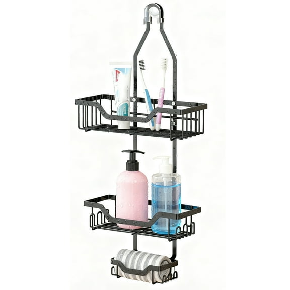 Shower Caddy Hanging, No Drilling 2-Tier Shower Storage, Over Door Rack Holders, Black Shower Caddy for Bathroom Organizer, 13.6 x 5.5 x 3.9 in