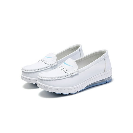 

Rockomi Women Nurse Shoe Comfort Casual Shoes Slip On Flats Ladies Round Toe Shock Absorption Loafers Lightweight Air Cushion Moccasins White Blue 4