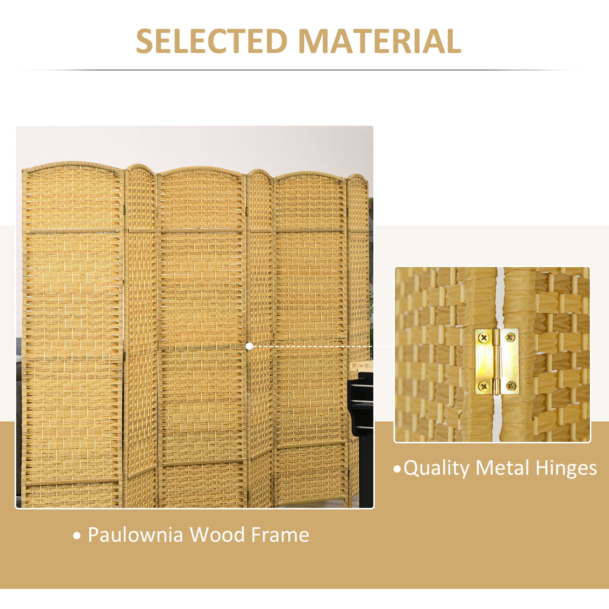Privacy Screen HOMCOM 6 Panel Room Divider, 6' Tall Folding Privacy Screen, Hand-Woven Freestanding Wall Partition for Home Office, Bedroom, Nature Wood,Partition Screen