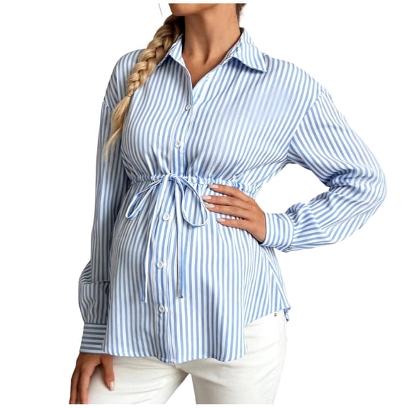 Women's Maternity Nursing Blouse Ruffle Wrap Work Shirt Pregnancy Button Down Belted Tops Blue L