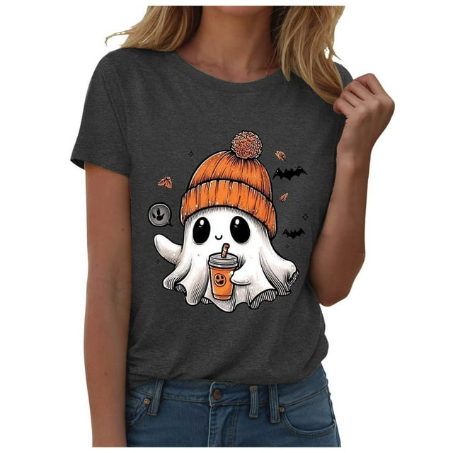T-shirt Graphique à Manches Courtes d'Halloween pour Femmes Col Rond Décontracté pour Tenue de Fête d'Été avec Jeans