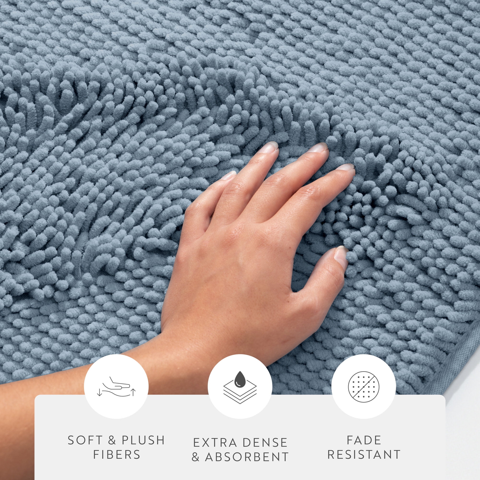 Soft Absorbent Chenille Bath Mat Rug with Anti-Skid Rubber Backing, 34 x 21, Light Blue, by Noble Linens