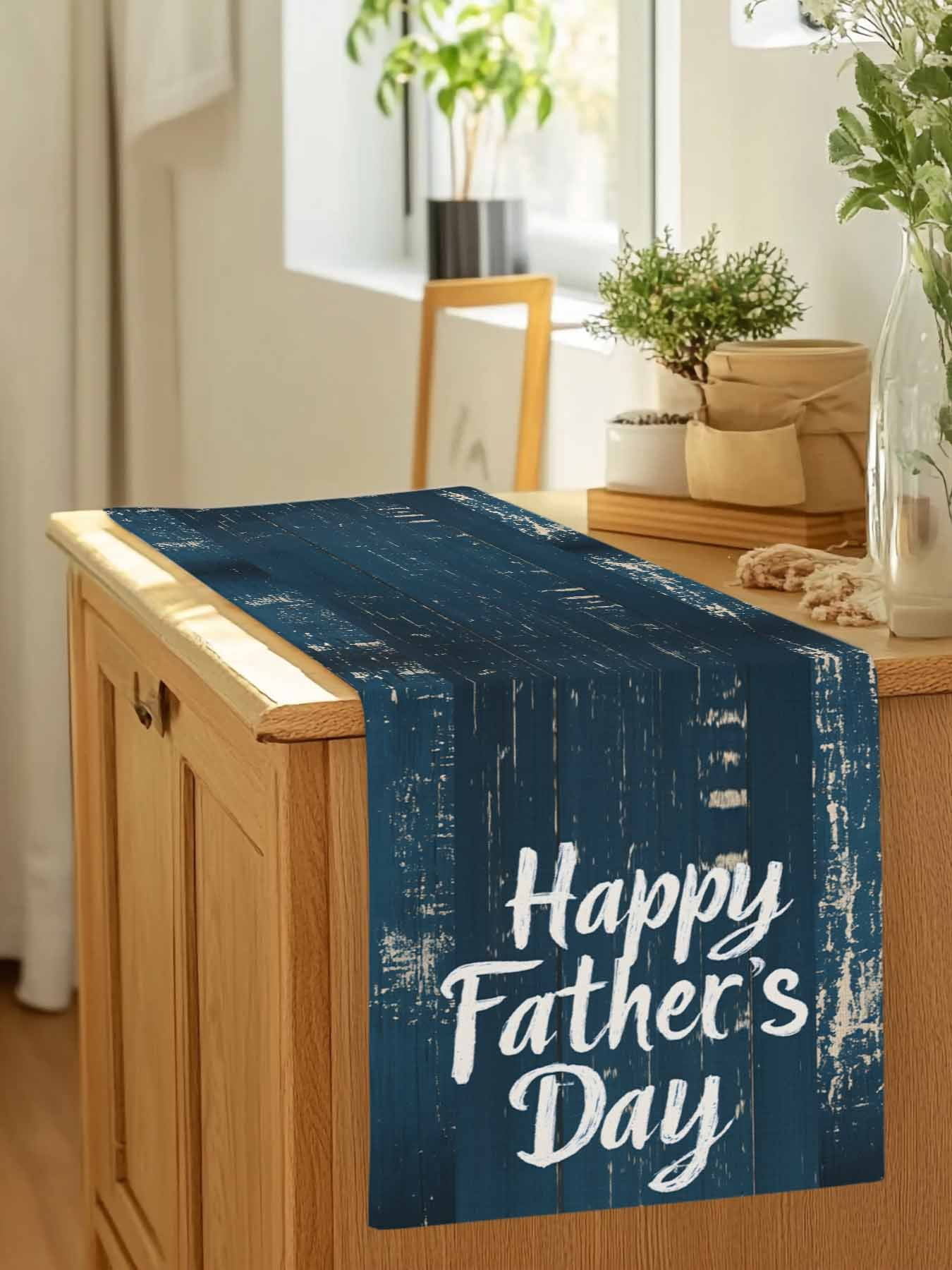 Happy Father's Day Quote Wood Table Runner 90 Inches Long, Retro Navy Blue Wooden Plank Table Runners Tabletop Scarf Kitchen Dining Tables Decoration for Home Party Indoor Outdoor
