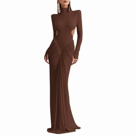 Women'S Elegant Slim-Fit Long Dress with High Neck, Long Sleeves & Pleated Backless Detail Brown S
