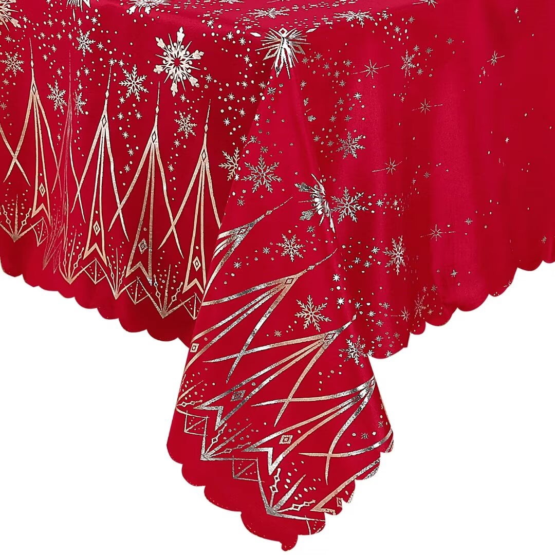 LUSHVIDA Christmas Tablecloths - Rectangle Foil Snowflake and Tree Table Cover Table Cloth Water Resistant Washshable Stain Resistant Decorative Tablecloth for Dining Festival - 60x84 inch 1 Pc