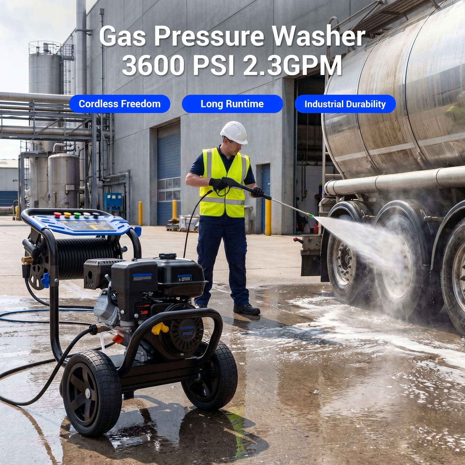 Efurden Gas Pressure Washer with Hose Reel, 3600PSI 2.3GPM, 212CC Heavy Duty Engine, 30FT Hose, 5 Quick Connect Nozzles for Garden Cleaning