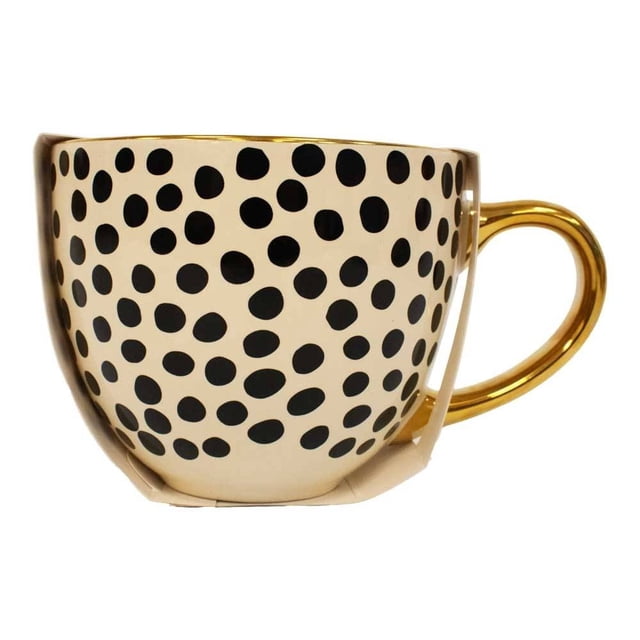 Taza Thyme & Table de Cerámica con Asa Dorada Diseño de Puntos Grandes Negros 473 ml Blanco