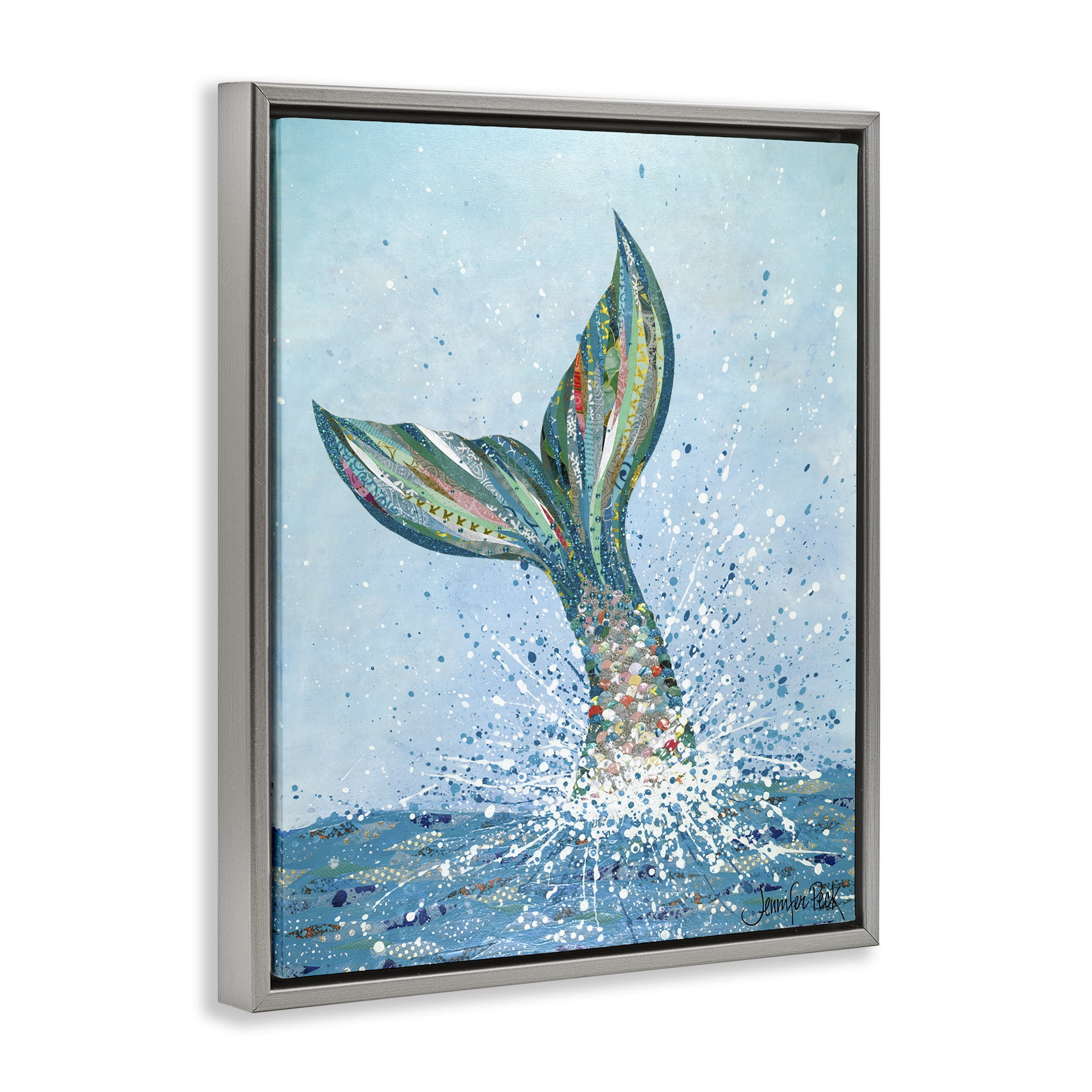 Stupell Industries Diving Mermaid Tail Fairy Tales & Fantasy Painting Gray Floater Framed Canvas Art Print Wall Art, 17 x 21