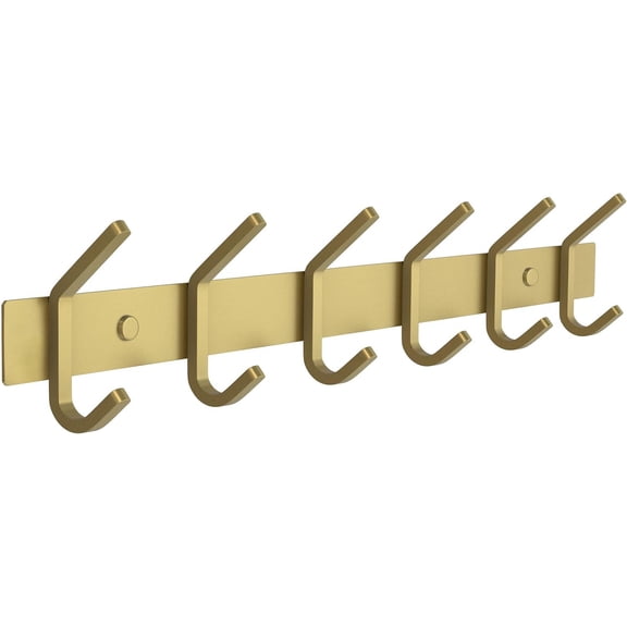 Brushed Gold Wall Mounted Coat Rack – 17 Inch Stainless Steel Rail with 6 Double Coat Hooks for Entryway, Bathroom, Bedroom, Kitchen – Modern Gold Hook Rack for Coats, Hats, Towels