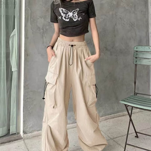 DuoJiaJ Womens Cargo Pants, Wide Leg Streetwear Utility Casual Beige L