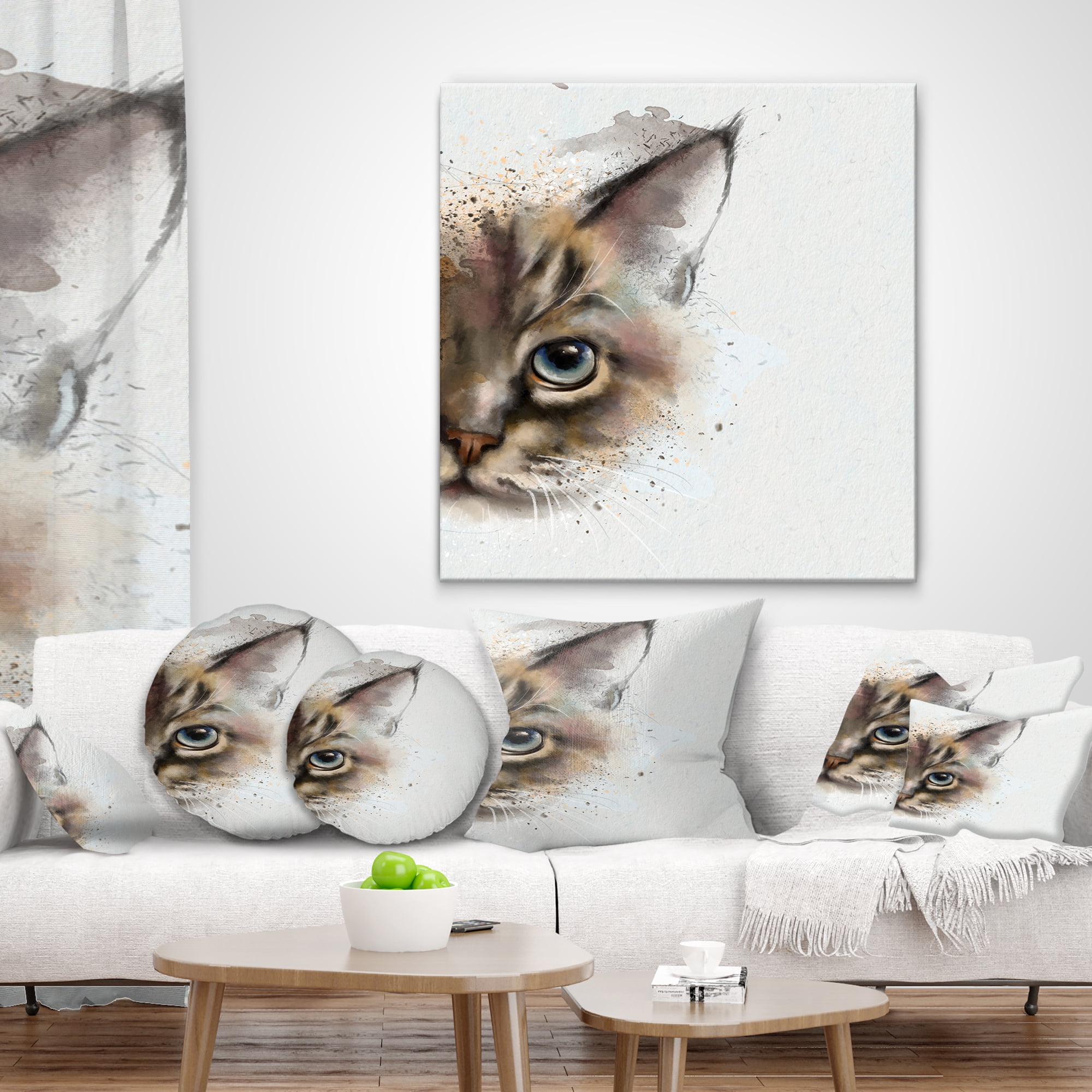 Designart Cat Half Face Watercolor - Animal Throw Pillow - 16x16