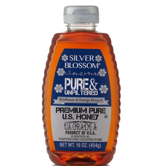 Silver Blossom Premium Pure Unfiltered Honey, a Blend of Orange Blossom and Wildflower Honey, 16oz Plastic Bottle