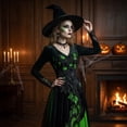 thumbnail image 5 of KLHDSF Women's Halloween Chiffon Lace Long Dress Round Neck Long Sleeve Hollow Out Lace Maxi Dress Gothic Party Witch Costume Dress For Women Green XL, 5 of 8