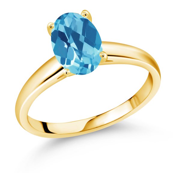 Gem Stone King 2.25 Ct Oval Checkerboard Swiss Blue Topaz 10K Yellow Gold Ring