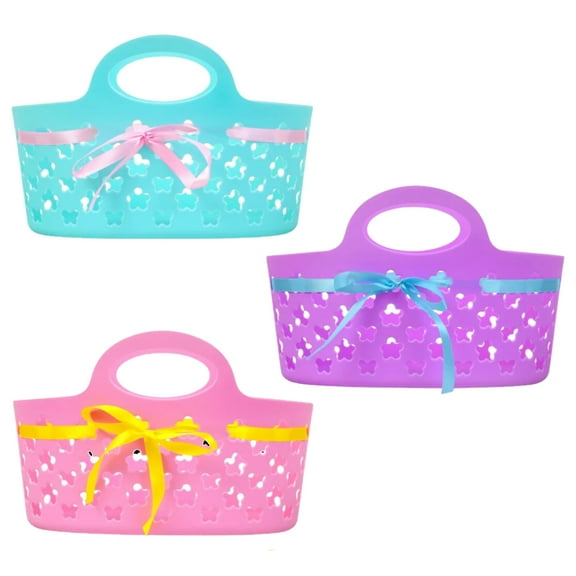 Easter Ribbon Oval Plastic Baskets with Handle for Home Kitchen Spring Holiday Party Favor Treats Candy Fruit Holder Egg Hunt Storage Container Table Decoration Gift Supplies, 3 count (Colors Vary)