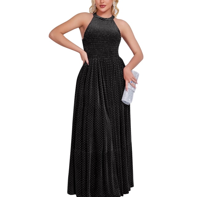 Vestido LALACAT de terciopelo con cuello halter, sin mangas, corte en A, maxi negro