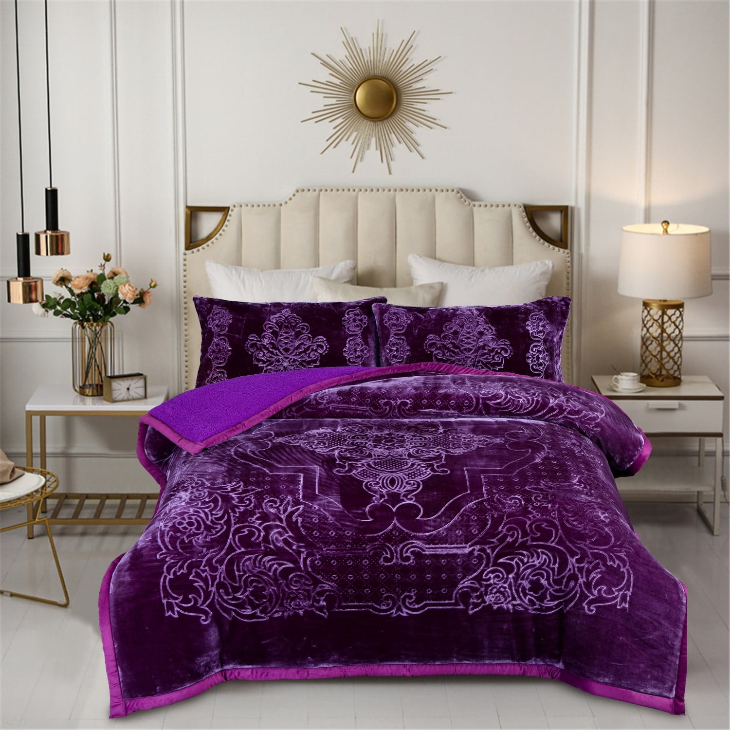 JML Solid Micromink Sherpa Comforter Bed Set Purple Floral
