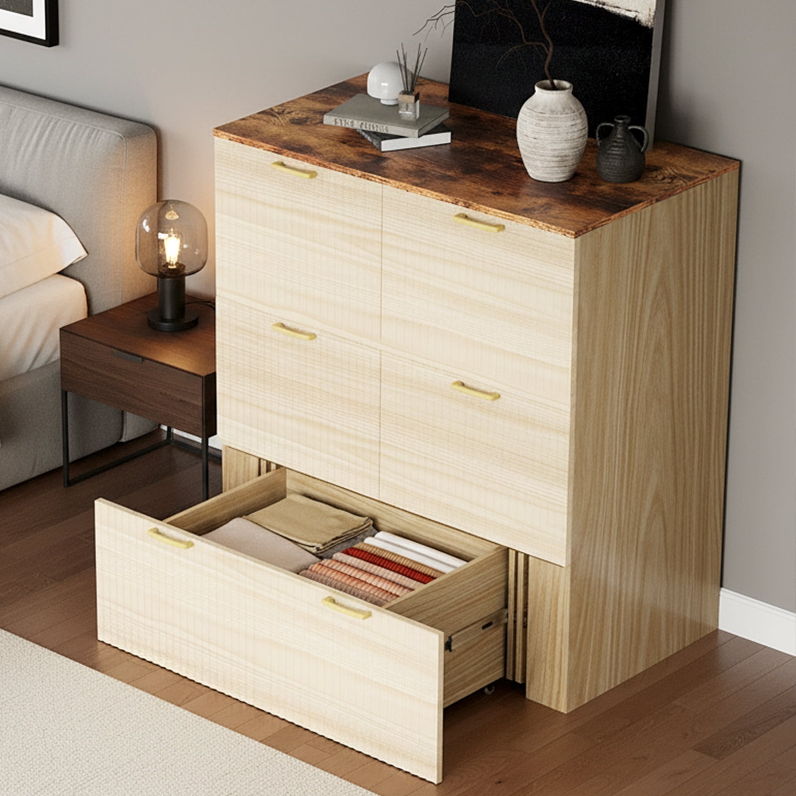 Zimtown Twin Size Murphy Bed with Storage Drawer, Space-Saving Foldable Cabinet Bed Frame, Wood Color