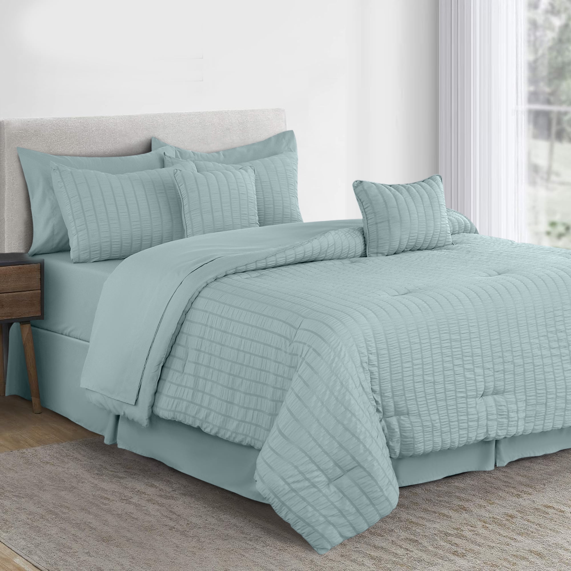 Lux Decor Collection King Seersucker Bedding Comforter Set – All-Season 10 Pieces Bed in a Bag Includes Comforter, Sheets, Pillow Shams, Bed Skirt & Decorative Pillows for Ultimate Comfort, Aqua Blue