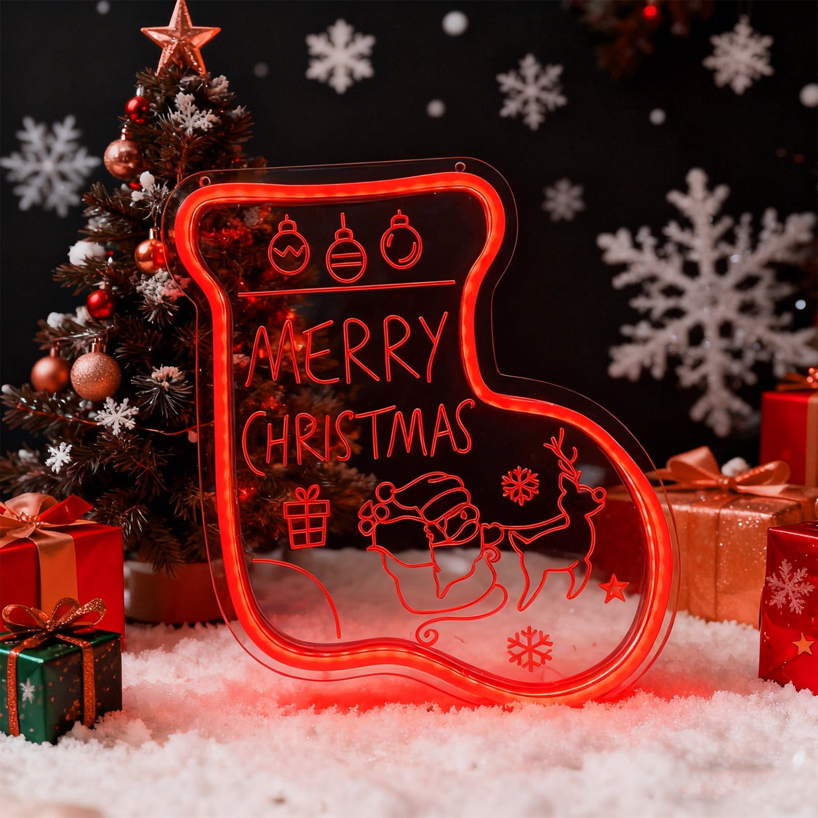UPONRAY Christmas Stocking Neon Signs, 10.23"*11.81" Dimmable & USB-Powered LED Neon Light, Stylish Wall Decor for Christmas Tree, Bed Room, Living Room, Party, Bar