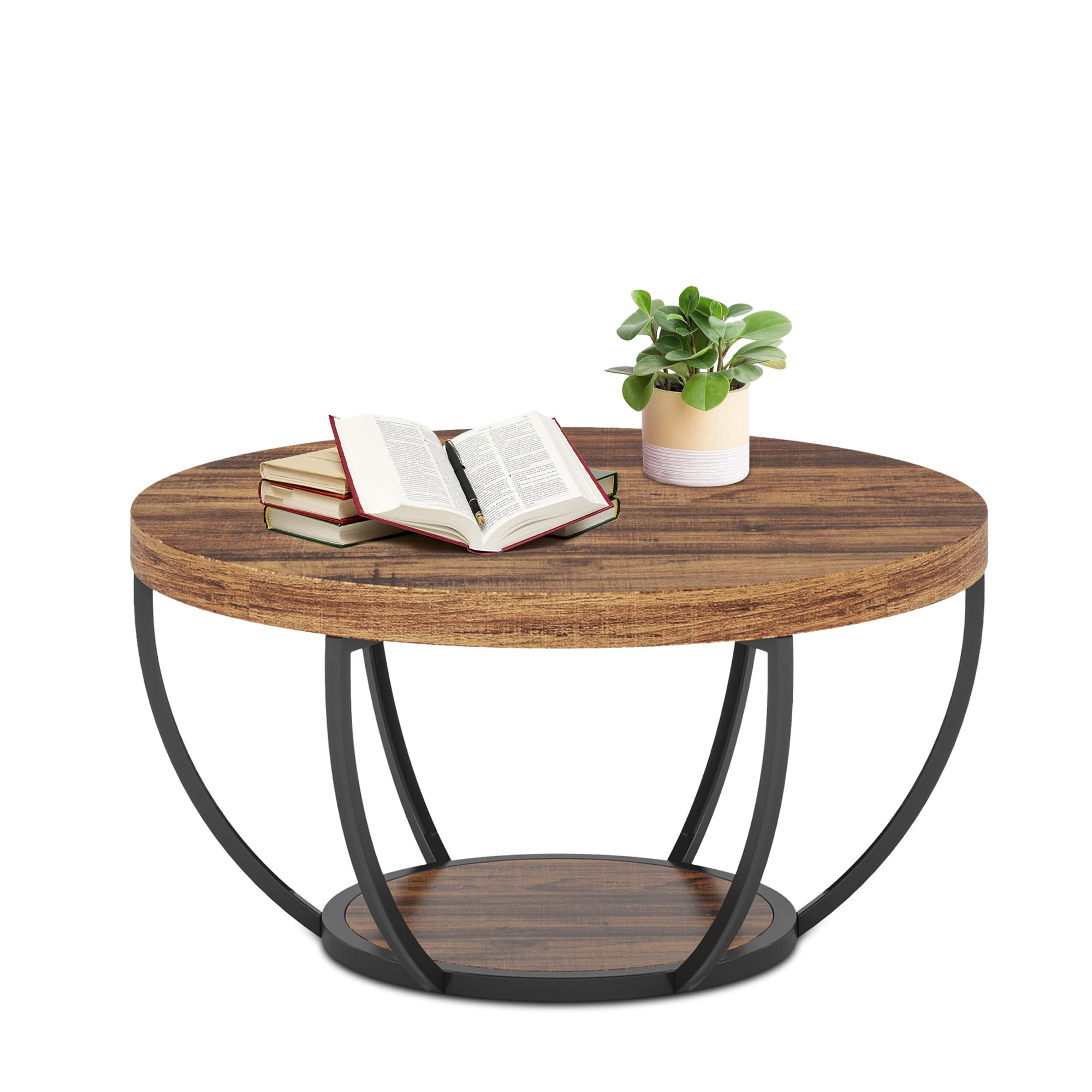 MAYEERTY 2 Tier Round Coffee Table Thickened Engineered Wood Sturdy Metal Base
