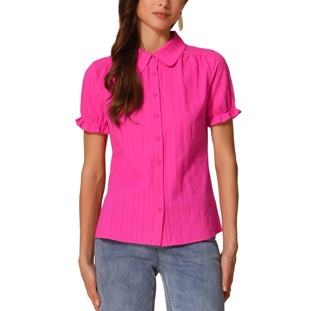 INSPIRAR CHIC Blusas de Algodón con Cuello Peter Pan y Botones Vintage para Mujeres Chic Fucsia XL