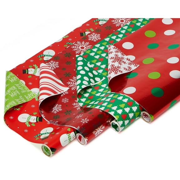 Greetings Reversible Christmas Foil Wrapping Paper, Polka Dots, Trees, Snowmen and Snowflakes (4 Pack, 120 Sq. ft.)