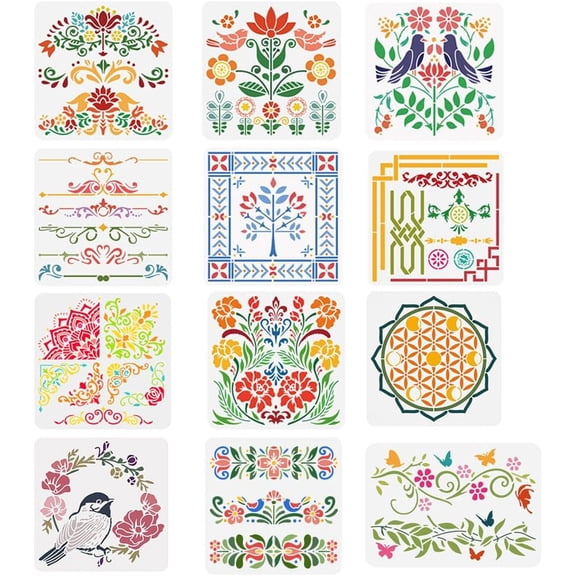 12 Styles Folk Decorative Painting Stencil Templates Floral Bird Pattern Scandinavian Style Reusable Drawing Stencils for DIY Art Craft Wall Canvas Furniture Home Decor Colorful DIY