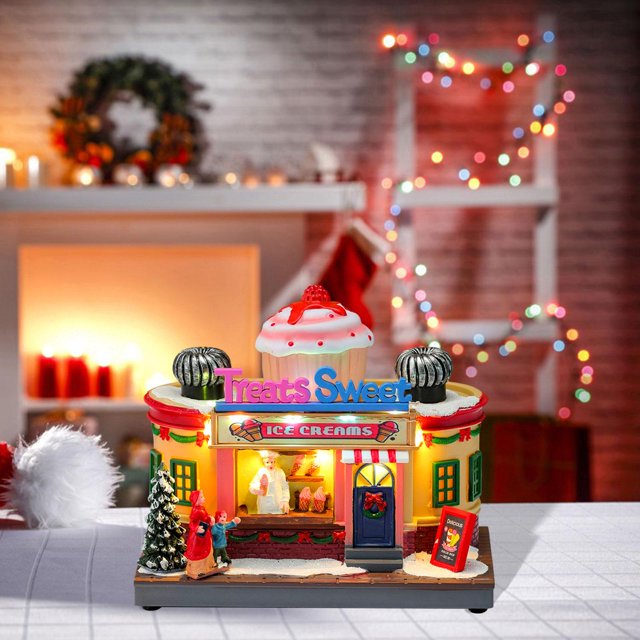 Estatua de casa de pueblo navideña, adorno navideño con iluminación LED, accesorio artesanal, regalo navideño giratorio superior para centro de mesa. Forma de helado
