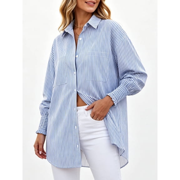 Gingprous Women's Striped Button-Down Shirt – Relaxed Fit Blouse with Smocked Cuffs & Pocket