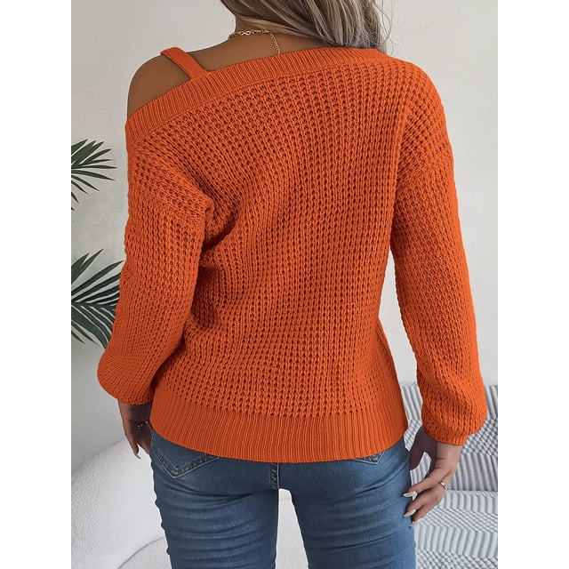 Suéter con hombros descubiertos for mujer, suéteres de punto con hombros descubiertos, Color sólido, manga larga, suelto, invierno