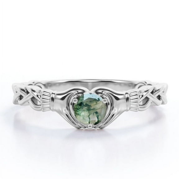 JeenMata Solitaire Claddagh - 1 Carat Round Brilliant Cut Clear Druzy Moss Green Agate - Braided Engagement Ring - 18K White Gold Plating over Silver