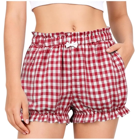Teylalorva Girls Plaid Shorts, Cute Ruffles Elastic Waist with Pockets Kids Casual Summer Shorts Red Size 8