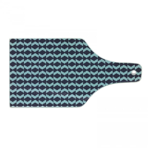 Navy Cutting Board, Diamond Shaped Blurry Ikat Pattern Chevron Effects Image, Decorative Tempered Glass Cutting and Serving Board, Wine Bottle Shape, Eggplant Turquoise, by Ambesonne