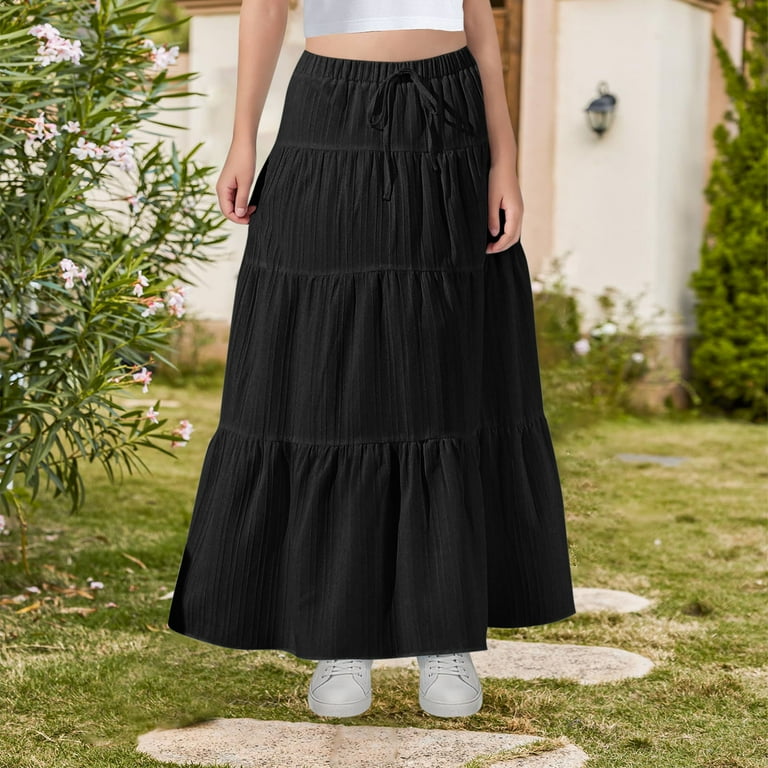 OGLCCG Girls Elastic High Waist Maxi Skirt Boho A-Line
