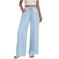 thumbnail image 3 of Women's Cotton Linen Loose Straight Elastic Waist Pants with Pockets, Mid Waisted Plus Size Casual Long Trousers, Lounge Business Casual Outdoor Wear | VerBelle,Light Blue 2XL, 3 of 9