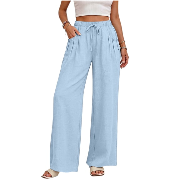 ZHYou No BoundarieWide Leg Pants for Women Linen Drawstring Waist Pockets Loose Baggy Lightweight Summer Pull On Trousers for Daily Wear Light Blue Size S